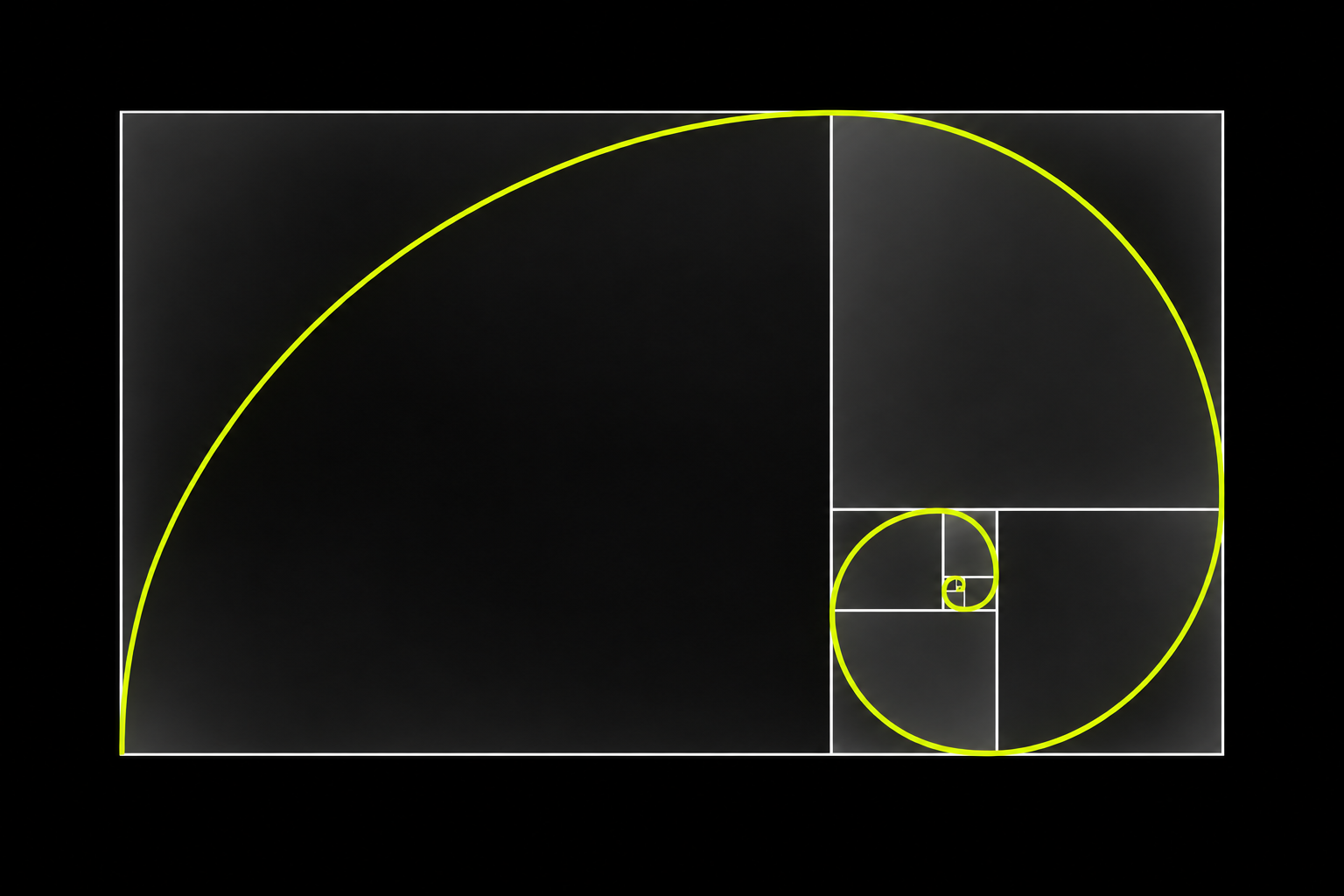 Correct Fibonacci spiral with translucent white rectangles and chartreuse sequence on a black background