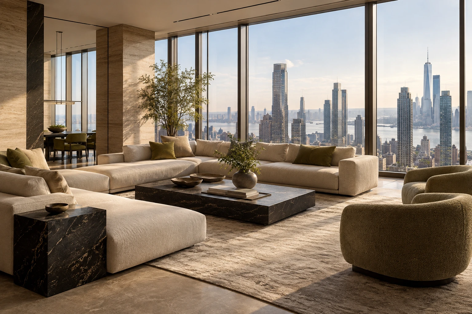 Warm contemporary interior concept overlooking a city